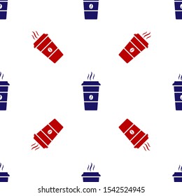 Blue and red Coffee cup icon isolated seamless pattern on white background. Disposable coffee cup with hot coffee.  Vector Illustration