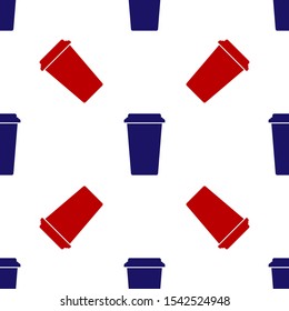 Blue and red Coffee cup icon isolated seamless pattern on white background. Disposable coffee cup with hot coffee.  Vector Illustration