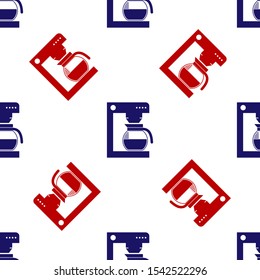Blue and red Coffee machine with glass pot icon isolated seamless pattern on white background.  Vector Illustration