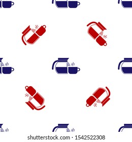 Blue and red Coffee pot with cup icon isolated seamless pattern on white background.  Vector Illustration