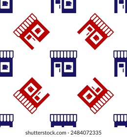 Blue and red Coffee shop icon isolated seamless pattern on white background.  Vector