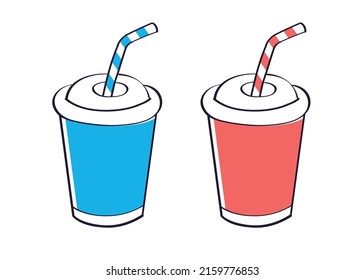 Blau-Rot-Cola- oder Soda-Papiertasse mit Stroh, einzelne Vektorgrafik