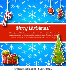 Blue and red color merry christmas holiday postcard with text field snowflakes and colorful new year symbols flat vector illustration