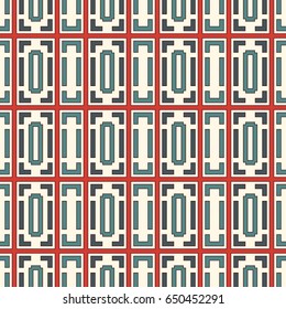 Blue and red color repeated squares and brackets on white background. Modern ornament motif. Seamless pattern with simple geometric ornament. Digital paper, textile print, page fill. Vector art
