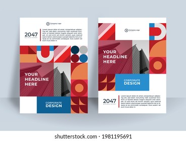 Blue and red color scheme with geometric background business Book cover design template in A4. Can be use for brochure, annual report, poster, corporate presentation, portfolio, flier, banner, website