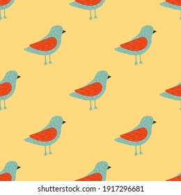 Blue and red colored birds simple silhouettes seamless pattern. Light yellow background. Vector illustration for seasonal textile prints, fabric, banners, backdrops and wallpapers.