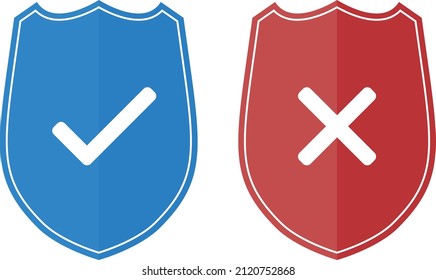 iconos de pantalla de color azul y rojo con marca de verificación y signo cruzado en fondo blanco