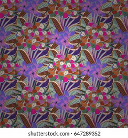 In blue and red colorsVC seamless background pattern with tropical leaves and flowers in blue and red colors.