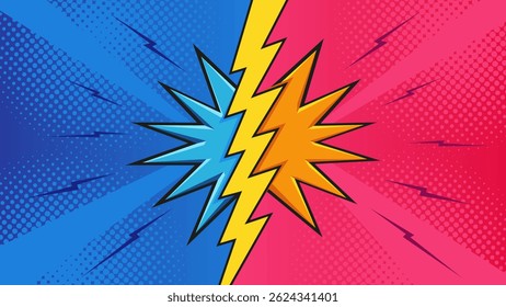 Blue and red comic-style background with yellow lightning bolt and dynamic burst shapes, no text in center