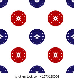 Blue and red Compass icon isolated seamless pattern on white background. Windrose navigation symbol. Wind rose sign.  Vector Illustration