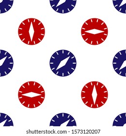 Blue and red Compass icon isolated seamless pattern on white background. Windrose navigation symbol. Wind rose sign.  Vector Illustration