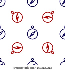 Blue and red Compass icon isolated seamless pattern on white background. Windrose navigation symbol. Wind rose sign.  Vector Illustration
