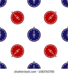 Blue and red Compass icon isolated seamless pattern on white background. Windrose navigation symbol. Wind rose sign.  Vector Illustration