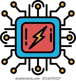 A blue and red computer chip with a lightning bolt on it. The lightning bolt is a symbol of power and energy. Concept of technology and innovation
