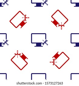 Blue and red Computer monitor with screwdriver and wrench icon isolated seamless pattern on white background. Adjusting, service, setting, maintenance, repair, fixing.  Vector Illustration