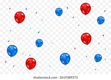 Blue And Red Confetti With Balloons On Transparent Background. Vector Illustration. Celebration Banner. Congratulations Wallpaper. Happy Birthday