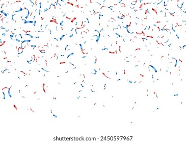 Blue and red confetti, falling paper ribbons, USA 4th of July celebration decoration, Independence Day background. Vector illustration.