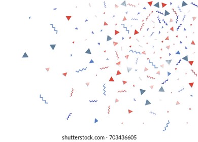 Blue and red confetti. Independence day background. Carnival firework backdrop. Minimalistic flat falling triangles and tinsels. Christmas party backdrop.