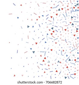 Blue and red confetti. Independence day background. Carnival firework backdrop. Minimalistic flat falling triangles and tinsels. Christmas party backdrop.