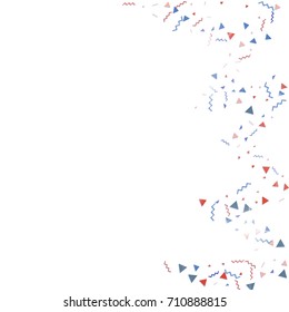 Blue and red confetti. Independence day background. Carnival firework backdrop. Minimalistic flat falling triangles and tinsels. Christmas party backdrop.