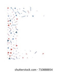 Blue and red confetti. Independence day background. Carnival firework backdrop. Minimalistic flat falling triangles and tinsels. Christmas party backdrop.