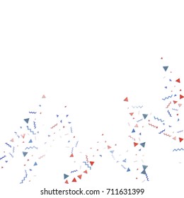 Blue and red confetti. Independence day background. Carnival firework backdrop. Minimalistic flat falling triangles and tinsels. Christmas party backdrop.