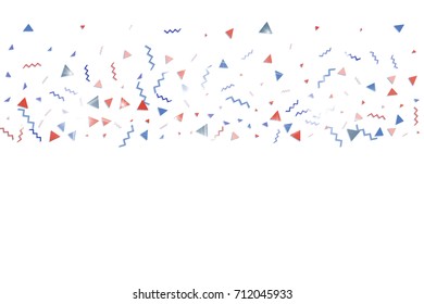 Blue and red confetti. Independence day background. Carnival firework backdrop. Minimalistic flat falling triangles and tinsels. Christmas party backdrop.