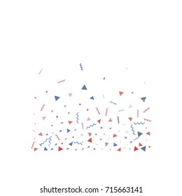 Blue and red confetti. Independence day background. Carnival firework backdrop. Minimalistic flat falling triangles and tinsels. Christmas party backdrop.