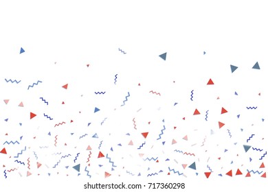 Blue and red confetti. Independence day background. Carnival firework backdrop. Minimalistic flat falling triangles and tinsels. 