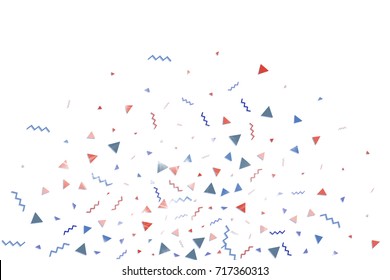 Blue and red confetti. Independence day background. Carnival firework backdrop. Minimalistic flat falling triangles and tinsels. 