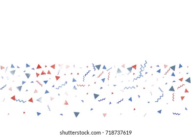 Blue and red confetti. Independence day background. Carnival firework backdrop. Minimalistic flat falling triangles and tinsels. Christmas party backdrop.