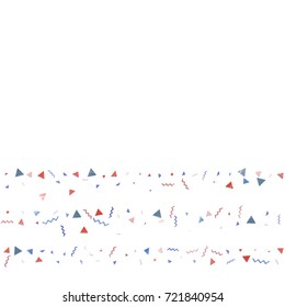 Blue and red confetti. Independence day background. Carnival firework backdrop. Minimalistic flat falling triangles and tinsels. Christmas party backdrop.