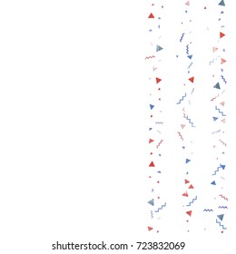 Blue and red confetti. Independence day background. Carnival firework backdrop. Minimalistic flat falling triangles and tinsels. Christmas party backdrop.