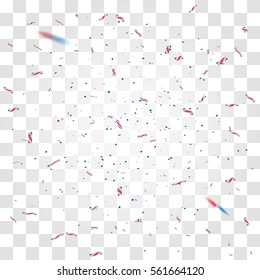 Blue and red confetti on transparent background. Festive, holiday design in national USA colors. 4 july, inauguration day.