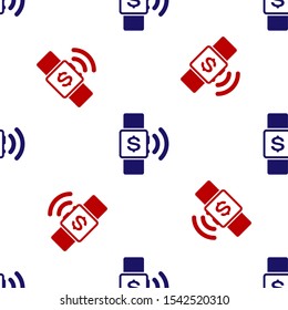 Blue and red Contactless payment icon isolated seamless pattern on white background. Smartwatch with nfc technology making wireless contactless transactions.  Vector Illustration