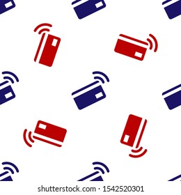 Blue and red Contactless payment with nfc card icon isolated seamless pattern on white background. Card with radio wave sign. Credit card payment.  Vector Illustration
