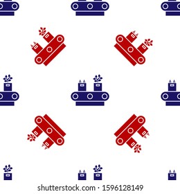 Blue and red Conveyor belt with cardboard box icon isolated seamless pattern on white background.  Vector Illustration