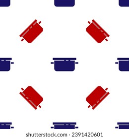 Blue and red Cooking pot icon isolated seamless pattern on white background. Boil or stew food symbol.  Vector