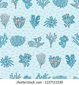 Blue Red Coral Geometric, Seamless Ocean Vector Pattern Background, Drawn Illustration for Summer Scrapbooking, Gift Wrap, Kids Fashion Prints, Yacht Fashion Beach Apparel, Aqua Nautical Stationery 