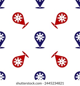 Blue and red Corona virus 2019-nCoV on location icon isolated seamless pattern on white background. Bacteria and germs, cell cancer, microbe, fungi.  Vector