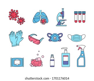 Blue and red Covid-19 icons - collection in line style. Coronavirus element set for mobile app, article, social media. Items like lungs, medical mask and gloves, sanitizer and antibacterial wipes.