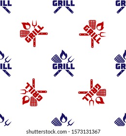 Blue and red Crossed fork and spatula icon isolated seamless pattern on white background. Fire flame sign. BBQ fork and spatula sign. Barbecue and grill tools.  Vector Illustration