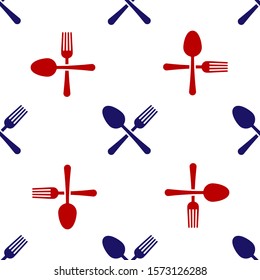 Blue and red Crossed fork and spoon icon isolated seamless pattern on white background. Cooking utensil. Cutlery sign.  Vector Illustration