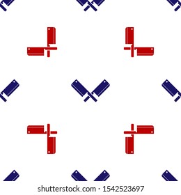 Blue and red Crossed meat chopper icon isolated seamless pattern on white background. Kitchen knife for meat. Butcher knife.  Vector Illustration