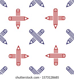 Blue and red Crossed pencil icon isolated seamless pattern on white background. Education sign. Drawing and educational tools. School office symbol.  Vector Illustration