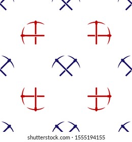 Blue and red Crossed pickaxe icon isolated seamless pattern on white background. Blockchain technology, cryptocurrency mining, bitcoin, altcoins, digital money market.  Vector Illustration