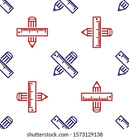 Blue and red Crossed ruler and pencil icon isolated seamless pattern on white background. Straightedge symbol. Drawing and educational tools.  Vector Illustration