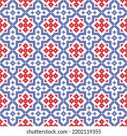 Blue and red cross-stitch knitting pattern on white background. Blue and red square dots on white backdrop. Monochrome fabric pattern design for sale. Knitting handicraft art.