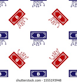 Blue and red Cryptocurrency bitcoin in circle with microchip circuit icon isolated seamless pattern on white background. Blockchain technology, digital money market.  Vector Illustration
