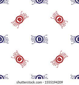 Blue and red Cryptocurrency bitcoin in circle with microchip circuit icon isolated seamless pattern on white background. Blockchain technology, digital money market.  Vector Illustration